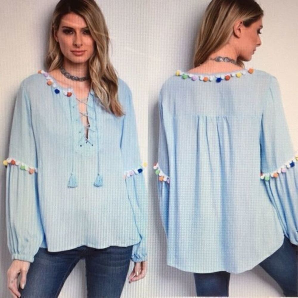 𝅺NWT, Blue Peasant Top with Pompoms, 1 S, 1…